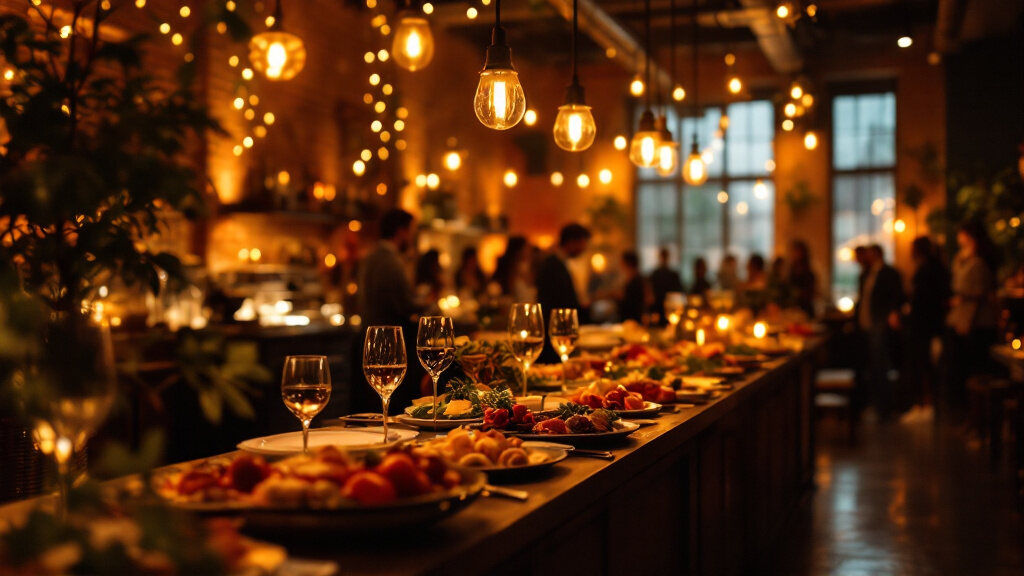 Gedeckte lange Tafel im Loft bei warmem Licht